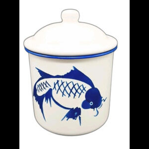 Vintage Butterfly Brand Koi Fish Mug With Lid Lidded Metal Enamelware Blue Carp
